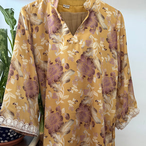 Mustard Printed High Low Kurta Coord Set