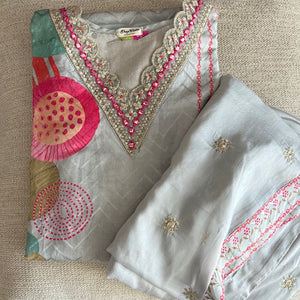 Grey Pink Printed Kurta Dupatta Ethnic Set
