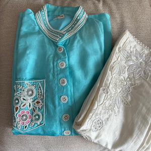 Firozi Blue Embroidered Kurta Embroidered Pant Ethnic Set