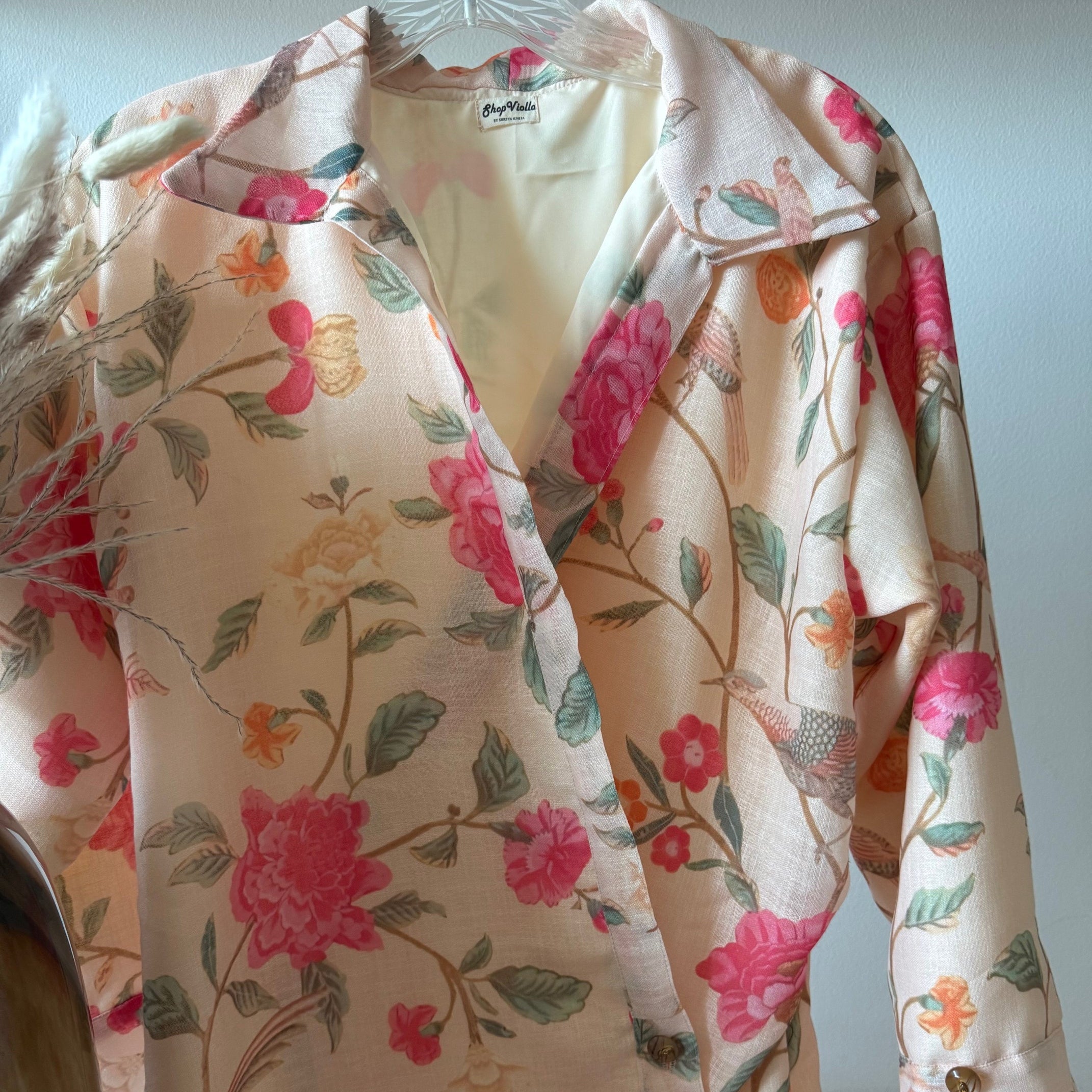 Cream Floral Printed Linen Dress