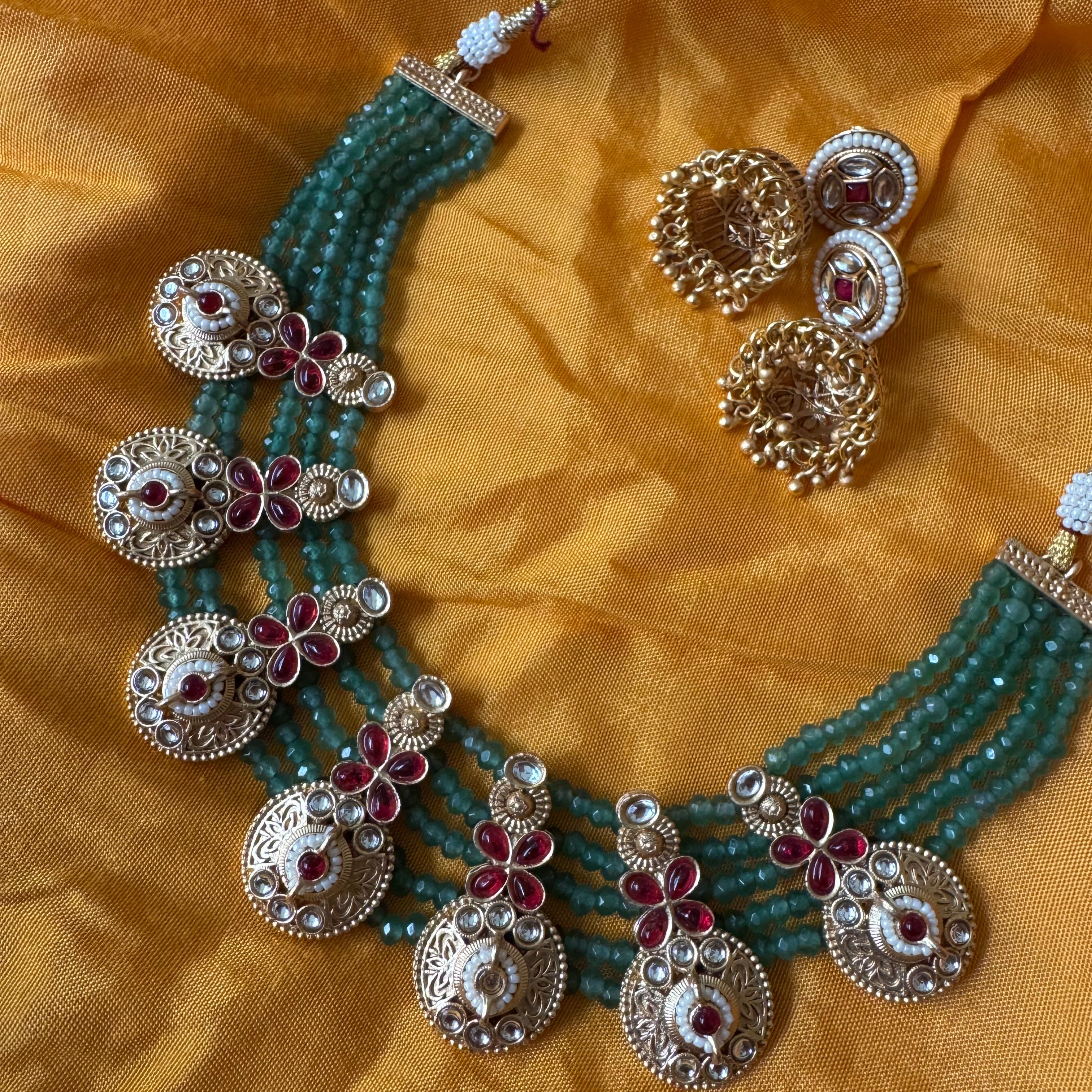 Geen Beaded Gold Motif Choker Necklace Set