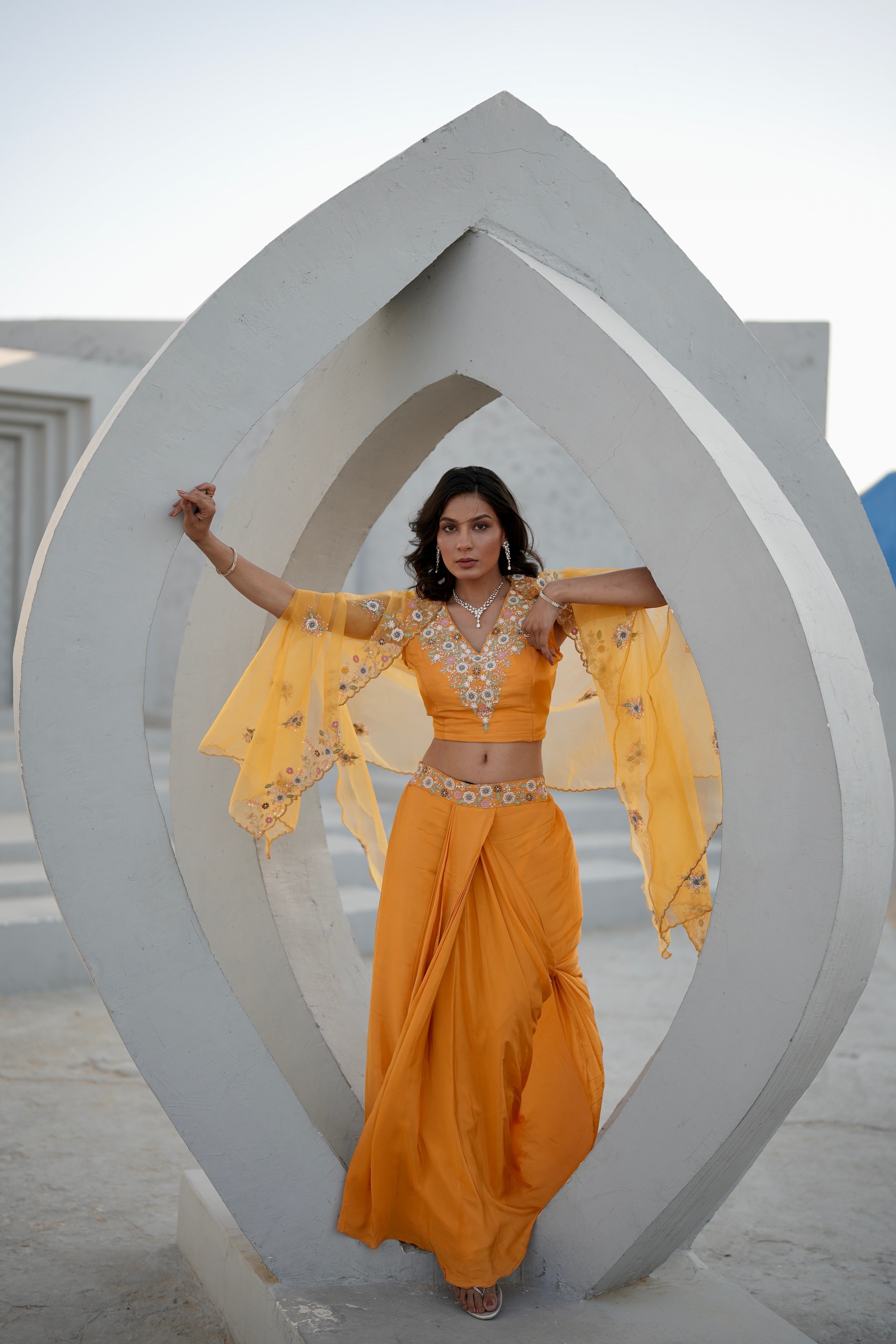 Orange Embroidered Cape Crop Drape Skirt Set