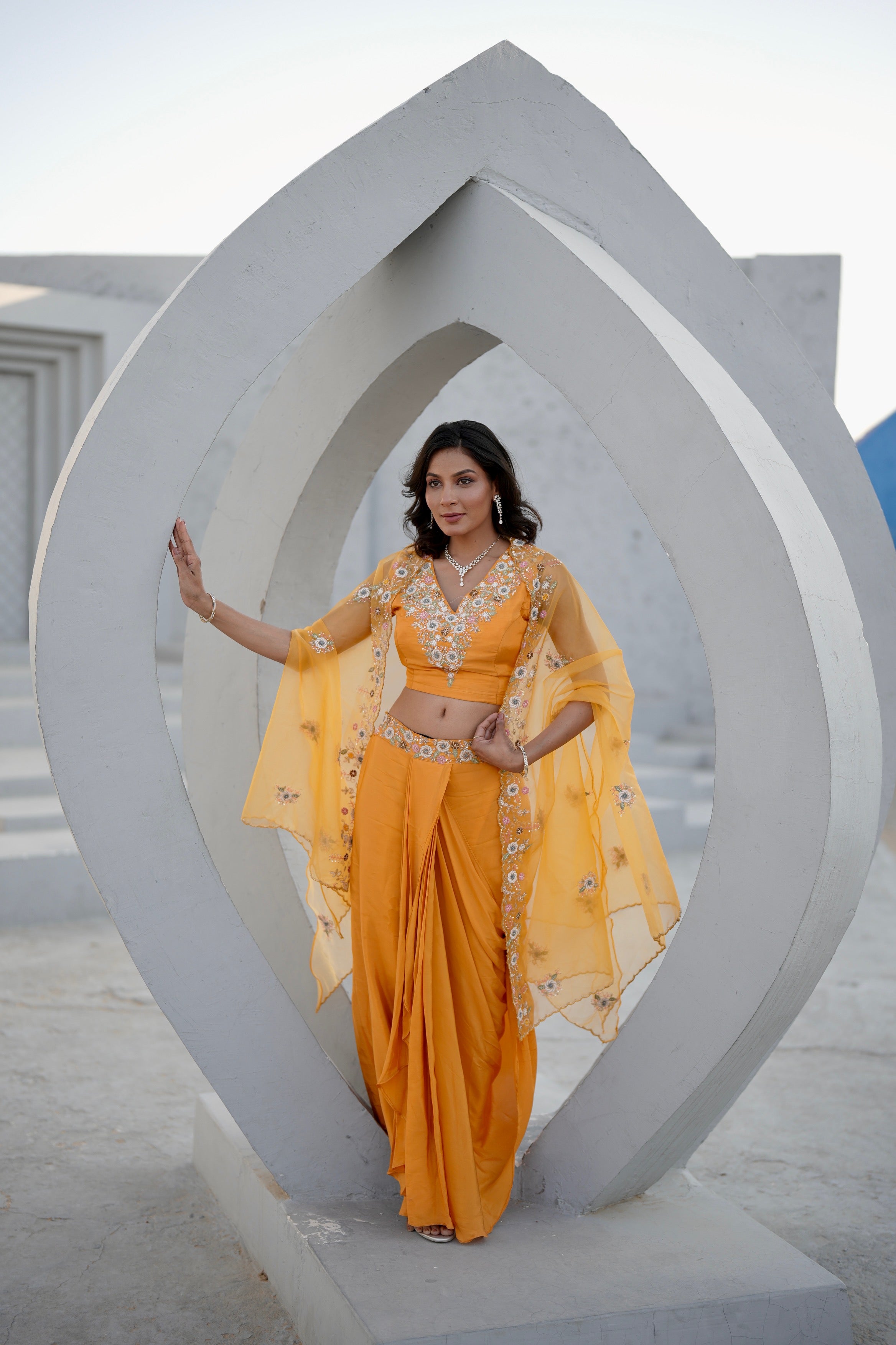 Orange Embroidered Cape Crop Drape Skirt Set