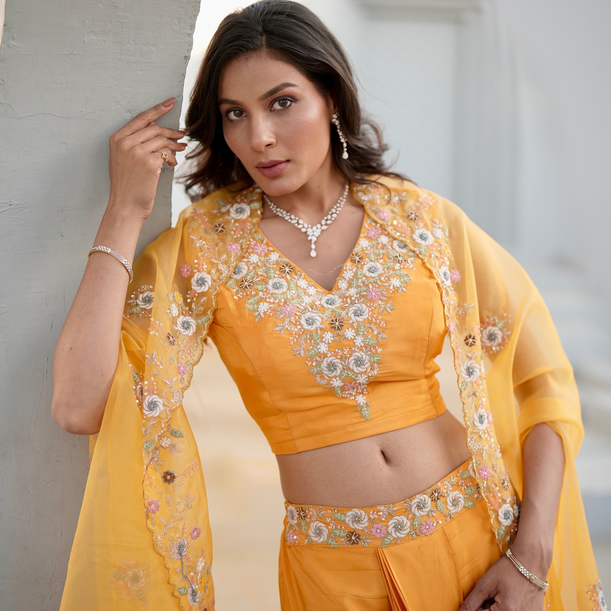 Orange Embroidered Cape Crop Drape Skirt Set