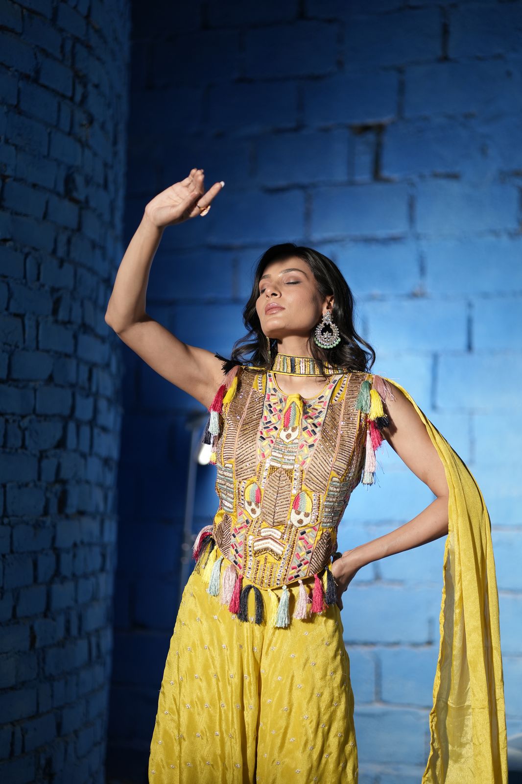 Yellow Embroidered Top Palazzo Pant Ethnic Set