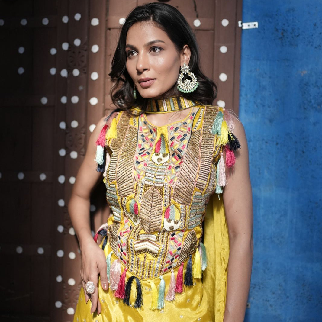 Yellow Embroidered Top Palazzo Pant Ethnic Set