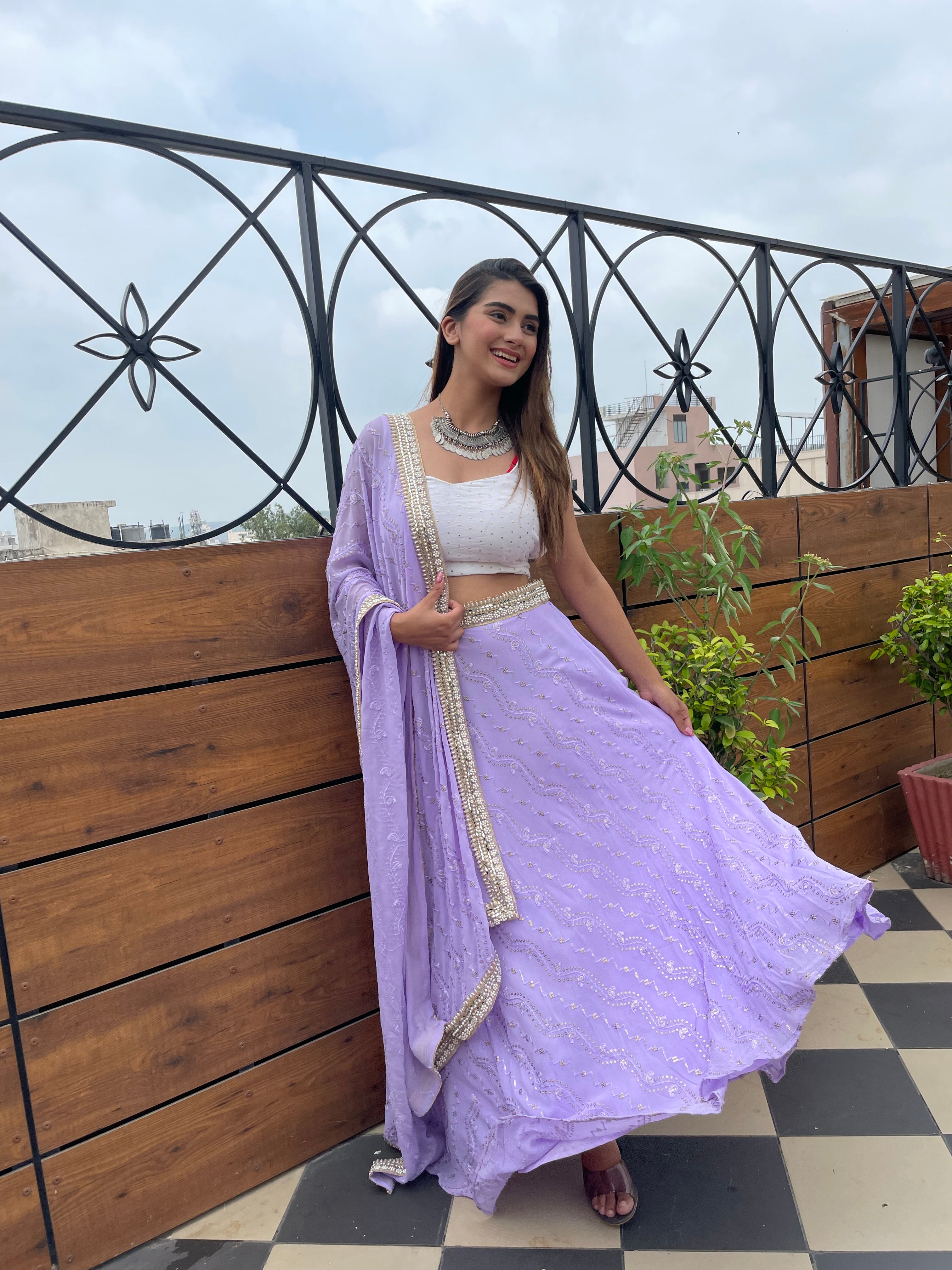 Lavender Embroidered Lehenga Crop Top Ethnic Set