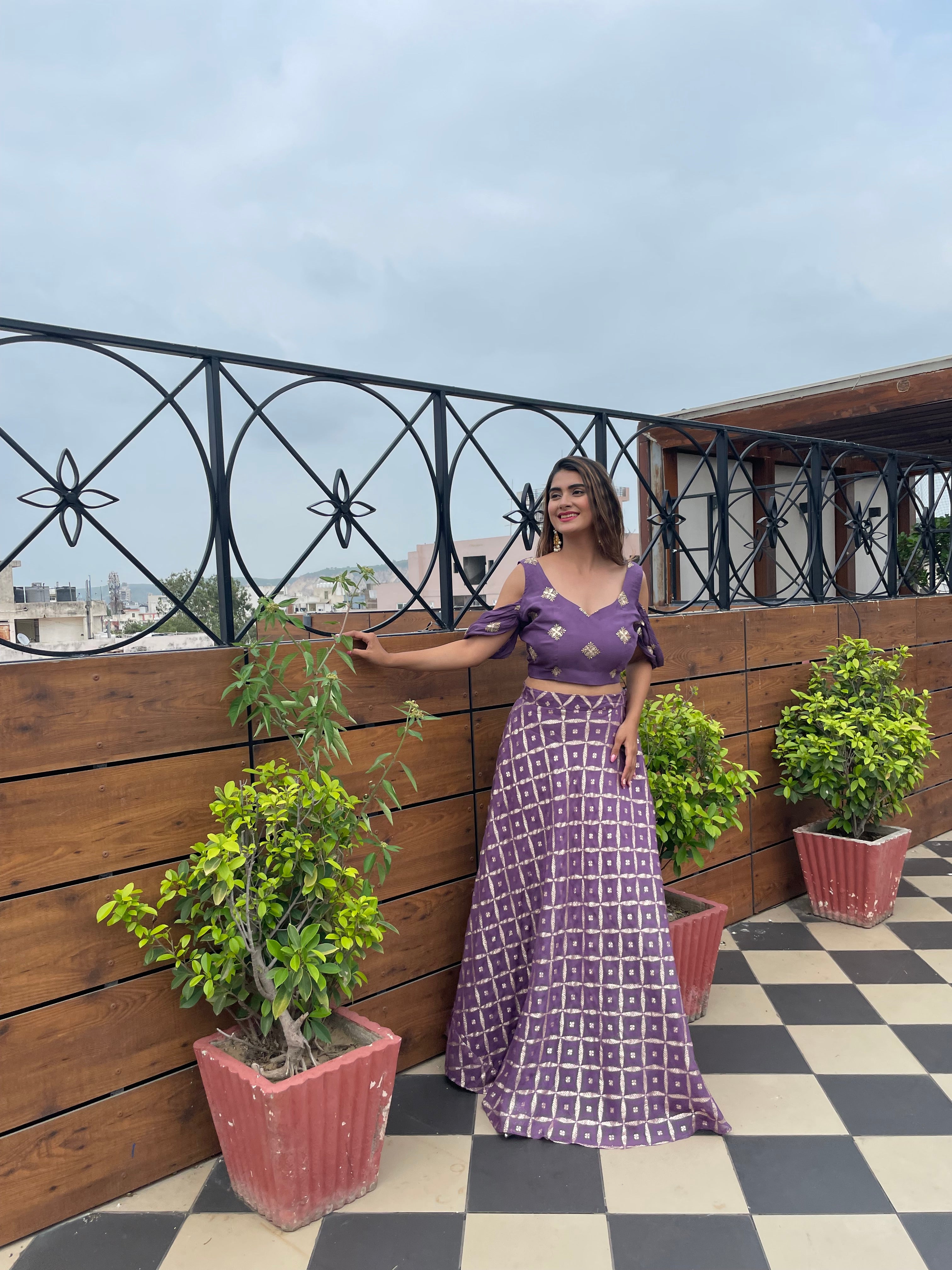 Burnt Lavender Zardozi Crop Top Lehenga Set