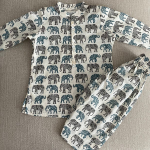 Blue Grey Elephant Kurta Pyjama Kids Set