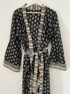 Black Block Print Kimono Robe Kaftan
