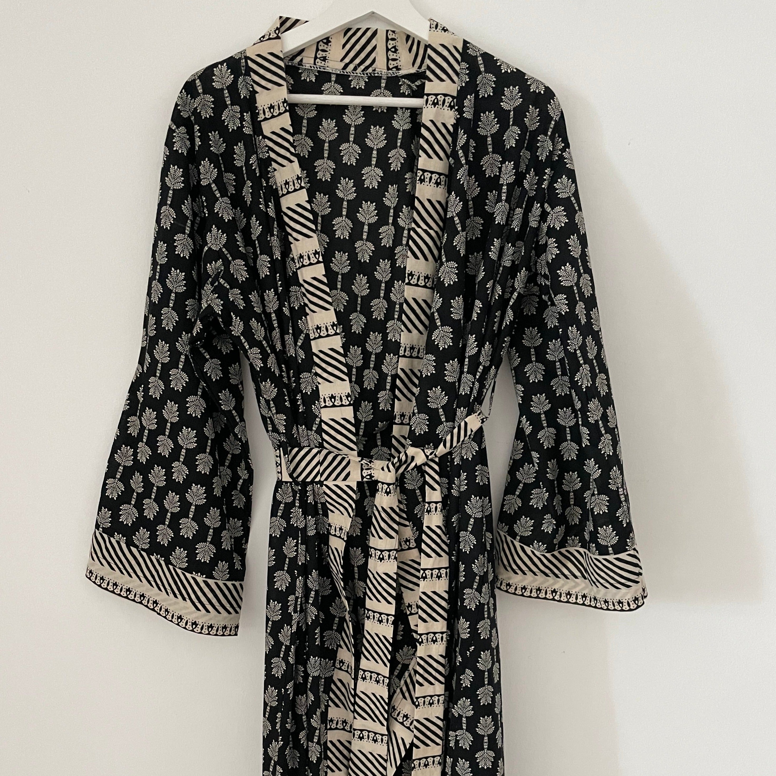 Black Block Print Kimono Robe Kaftan
