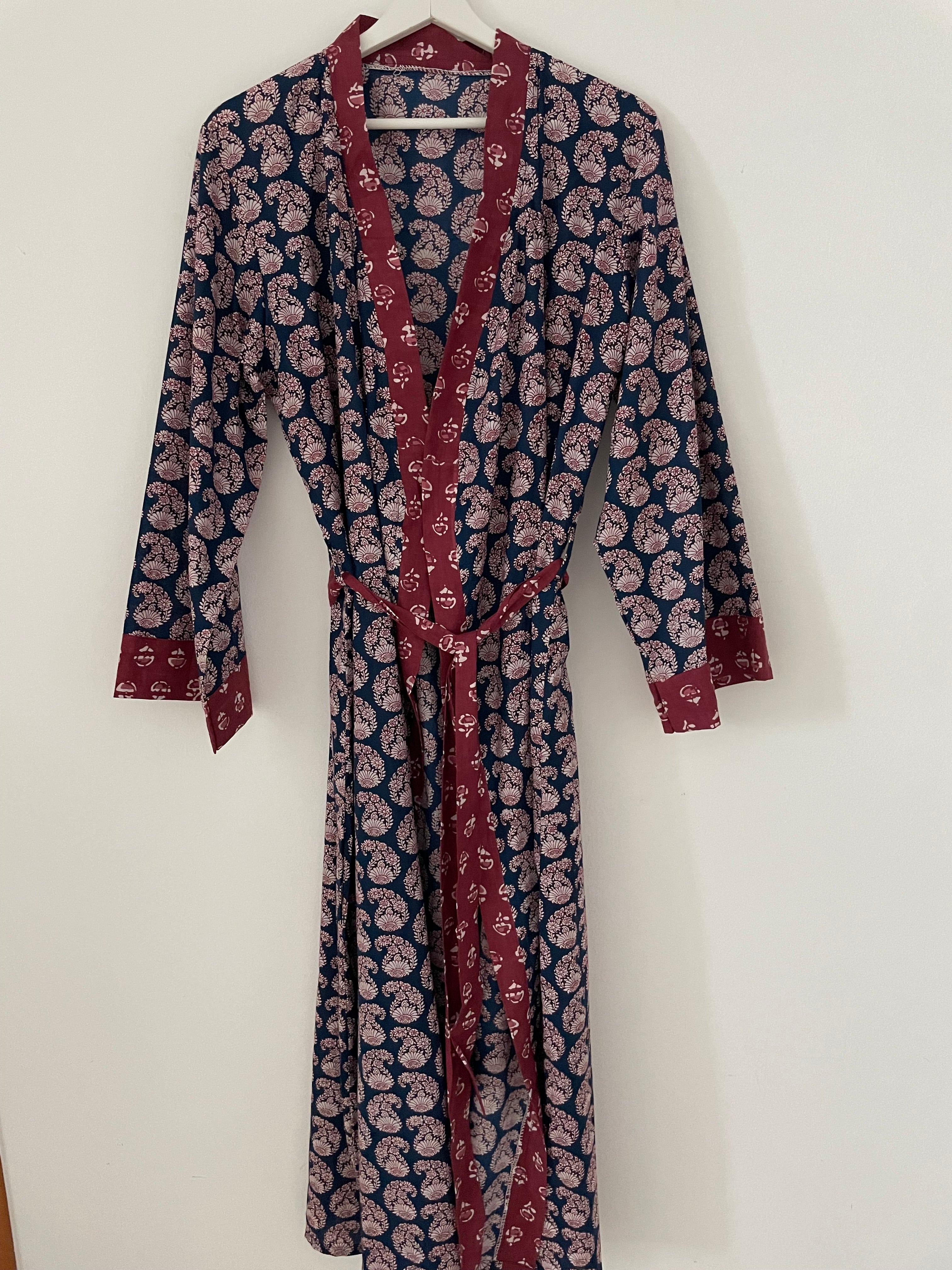 Indigo Block Print Kimono Robe kaftan