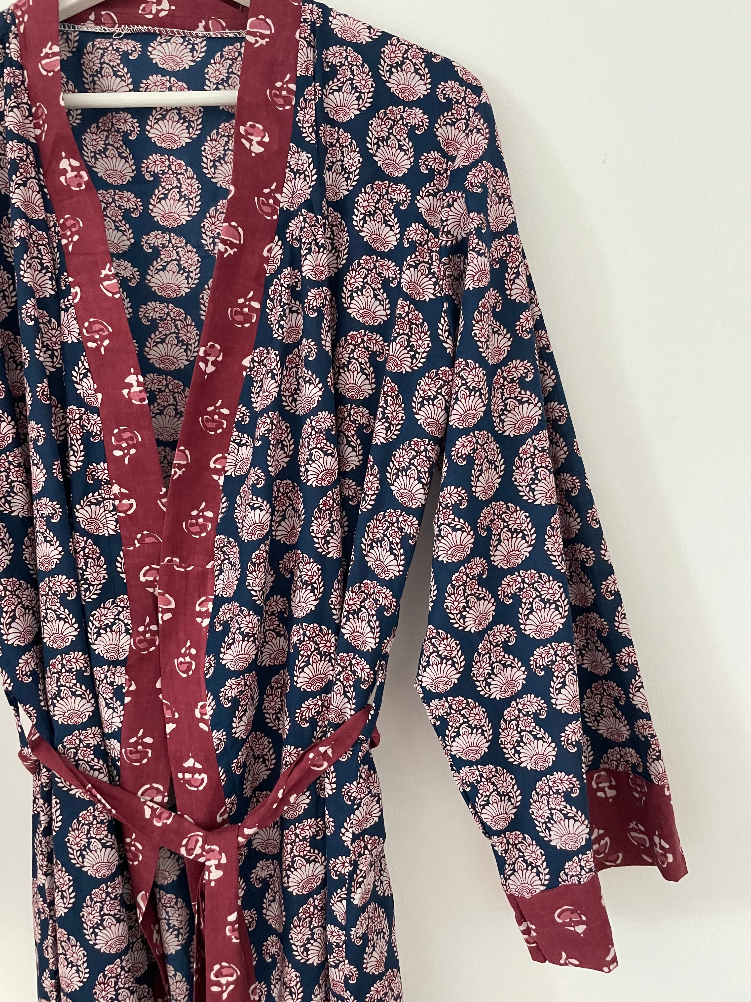 Indigo Block Print Kimono Robe kaftan