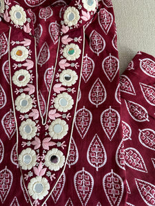 Maroon Block Print Embroidered Kurta Pant Ethnic Set