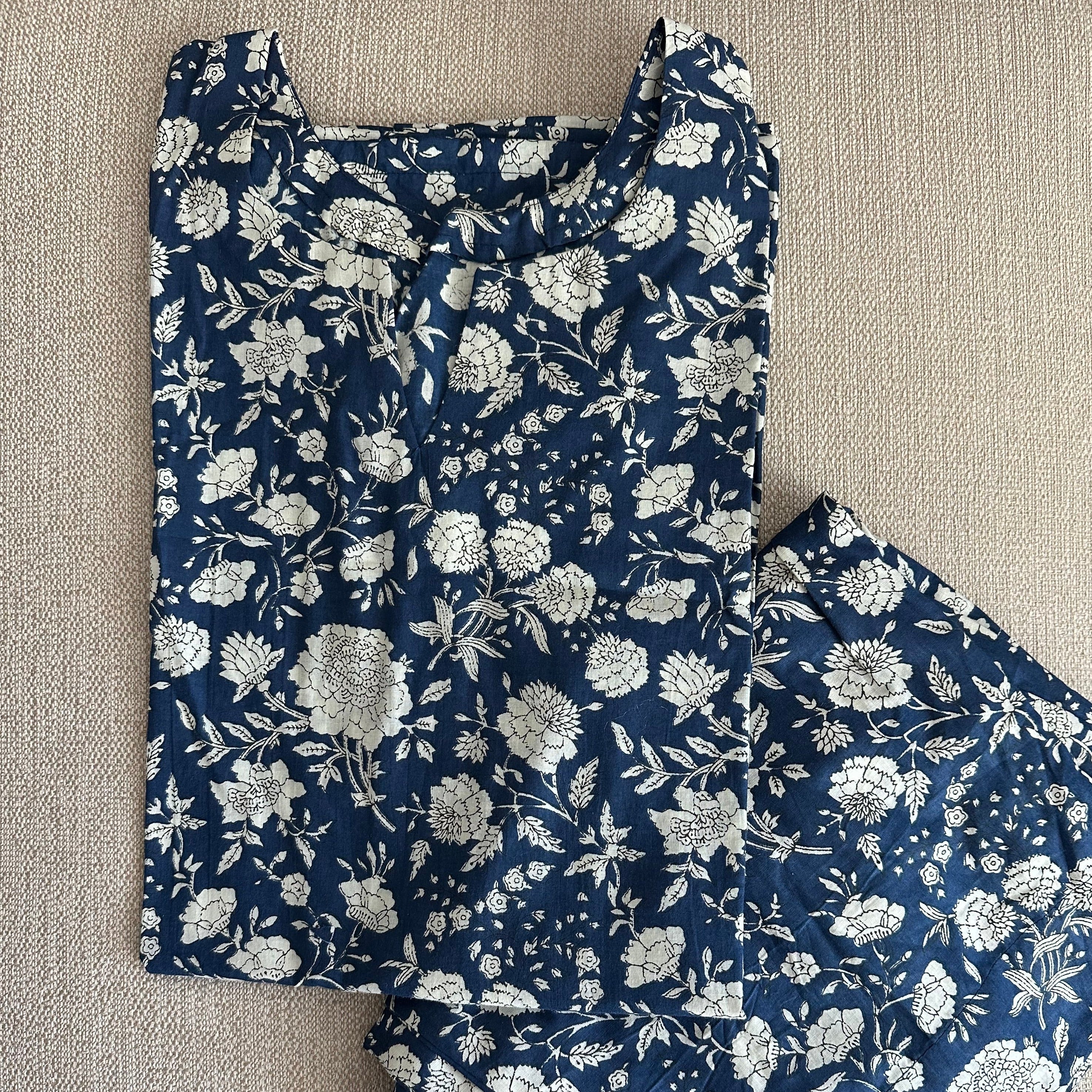 Dark Blue White Floral Kurta Pyjama Nightsuit Set