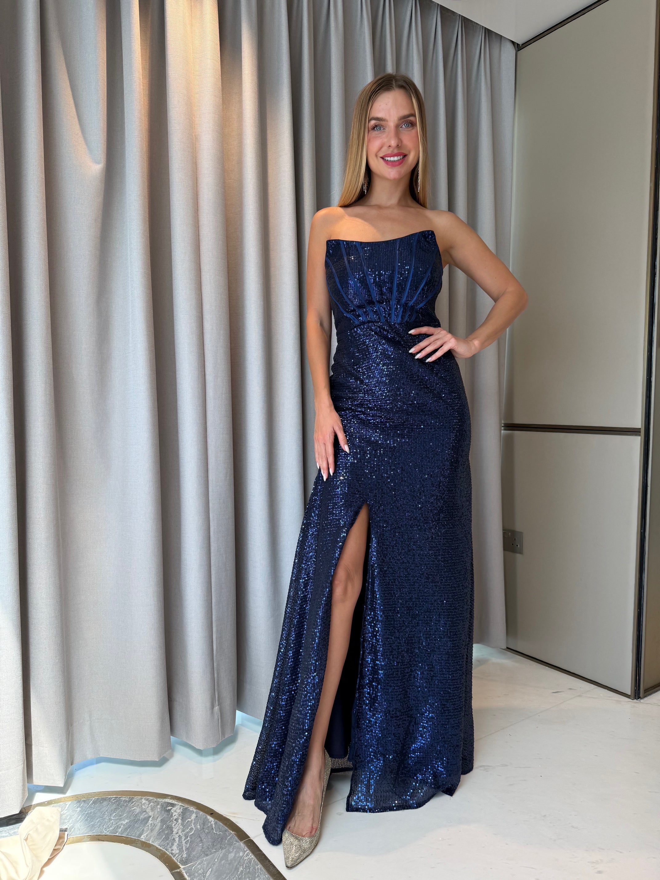 Blue Sequin Cocktail Dress Gown