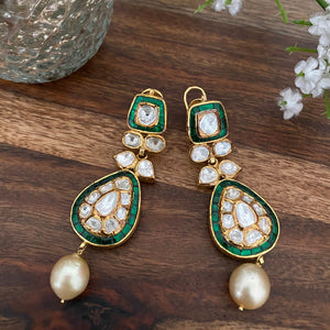 Polki Emerald Pearl Drop Danglers