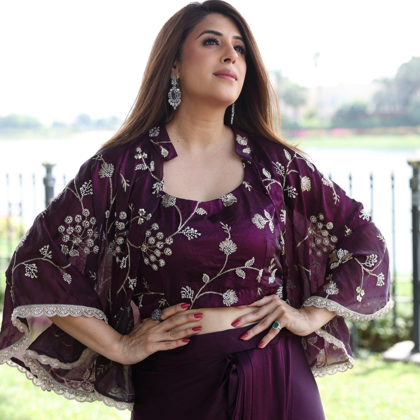 Wine Embroidered Cape Drape Skirt Set