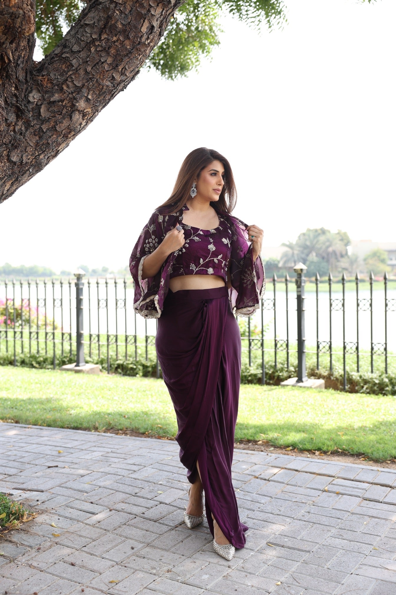 Wine Embroidered Cape Drape Skirt Set