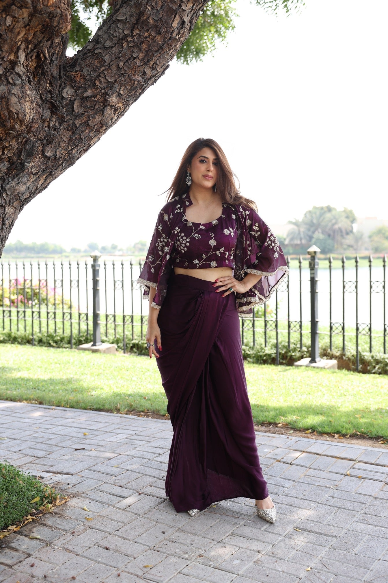 Wine Embroidered Cape Drape Skirt Set