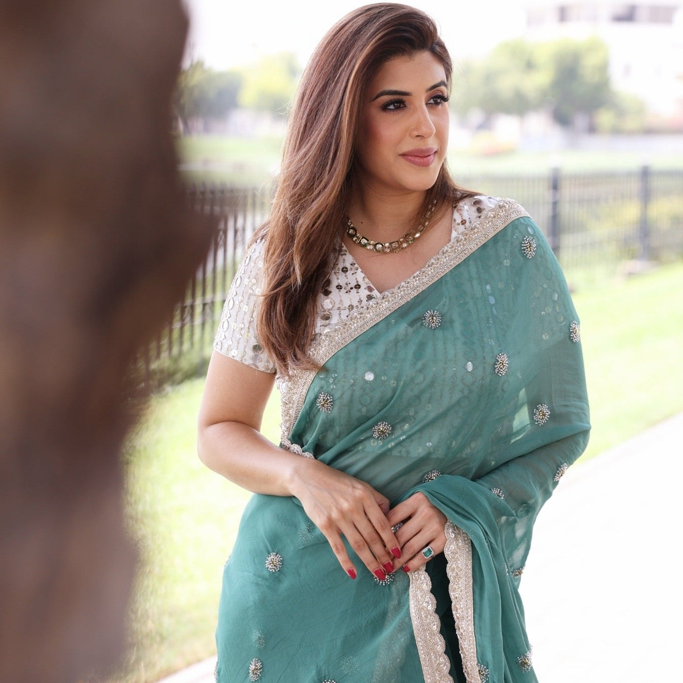 Emerald Green Pre Draped Sari Mirror Blouse Set