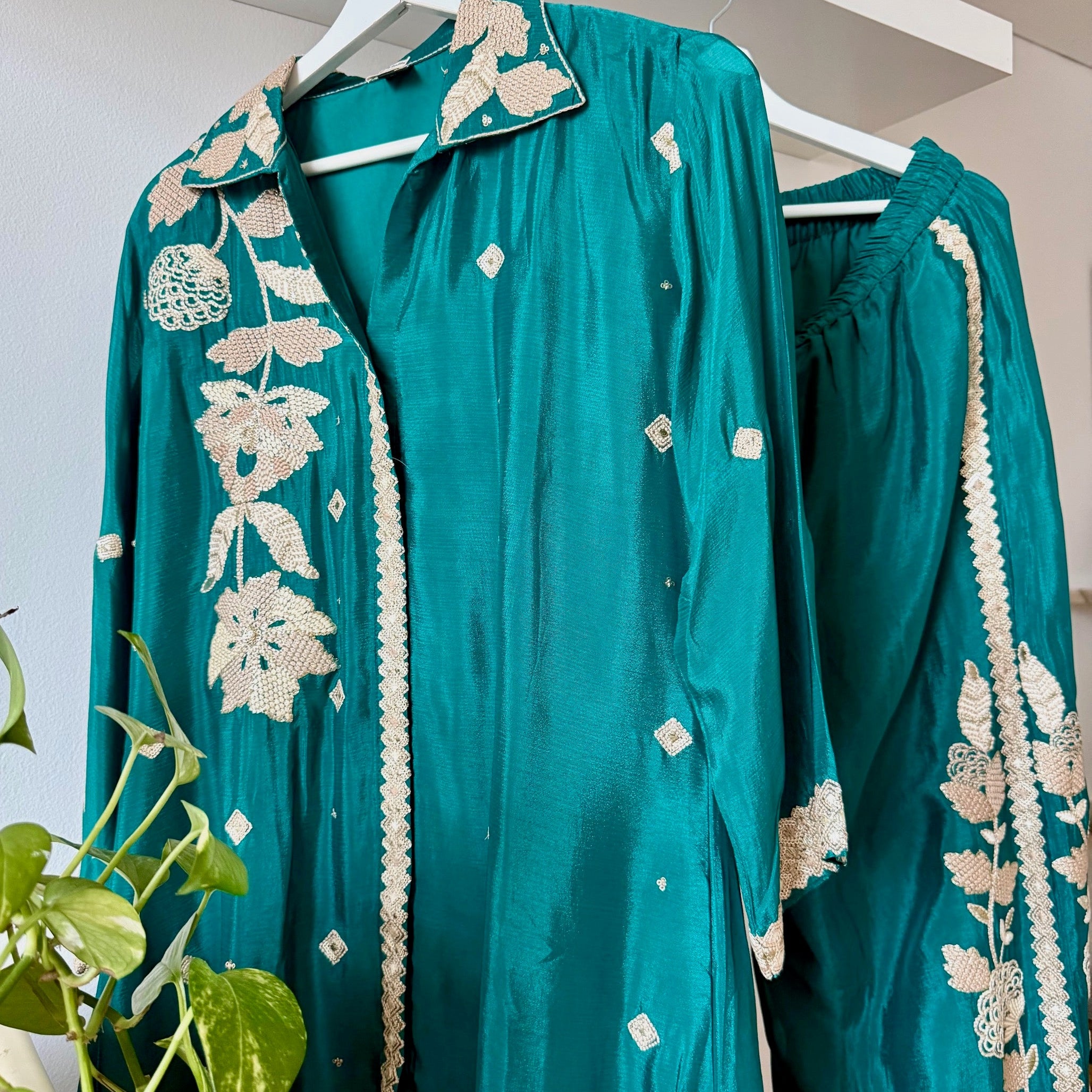 Teal Green Embroidered Ethnic Coord Set