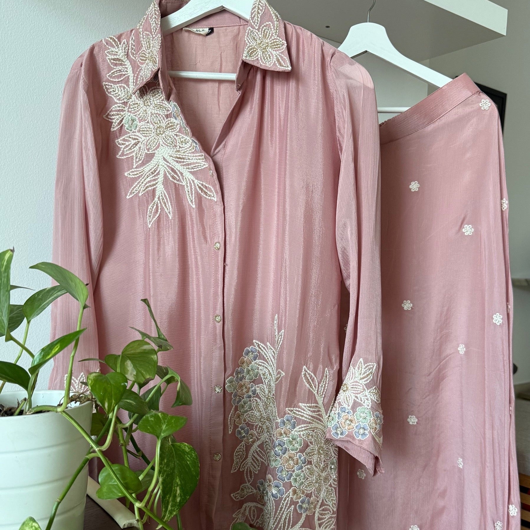 Soft Pink Pearl Embroidered Ethnic Coord Set