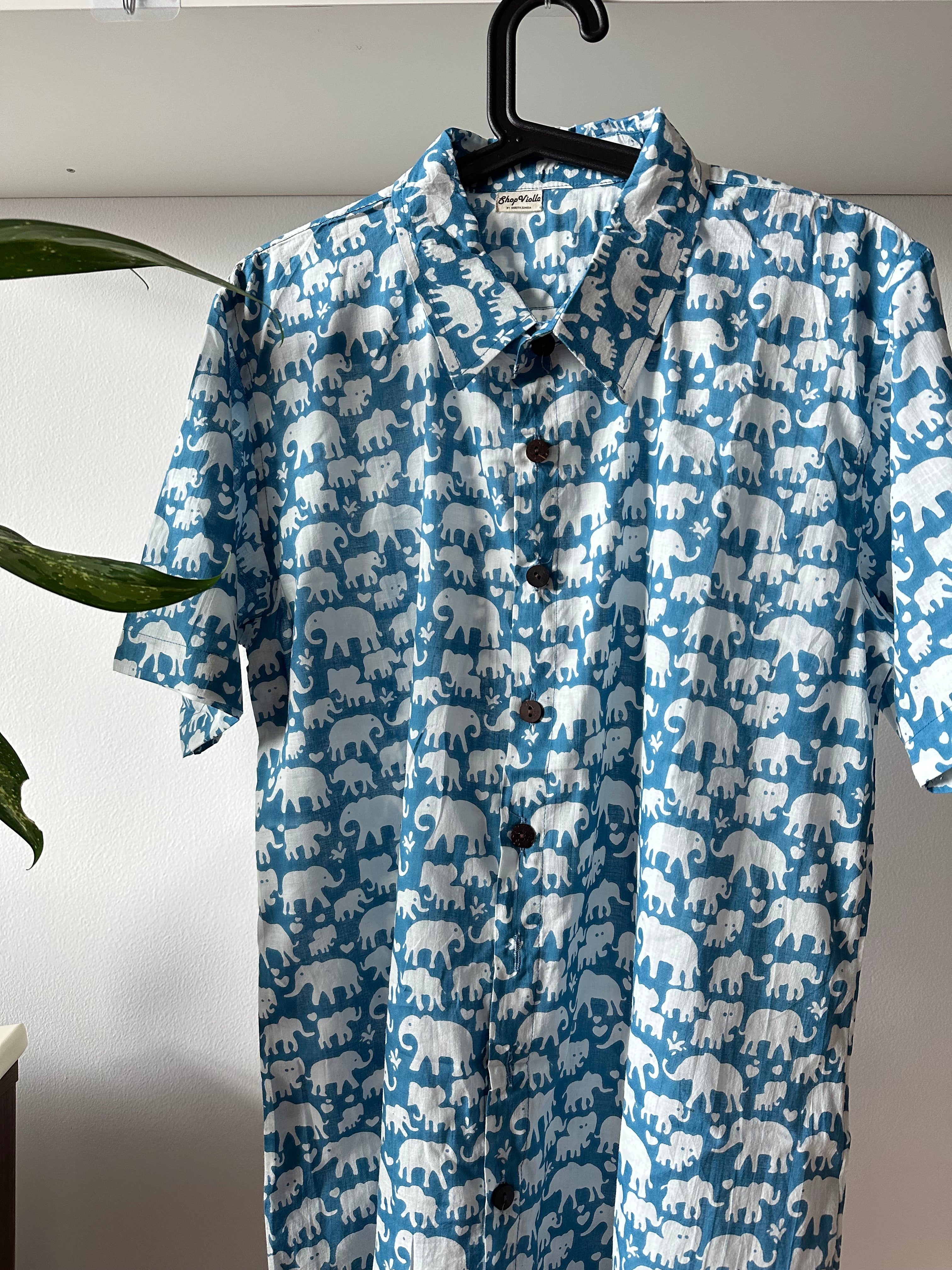 Blue Elephant Print Cotton Men's Shirt
