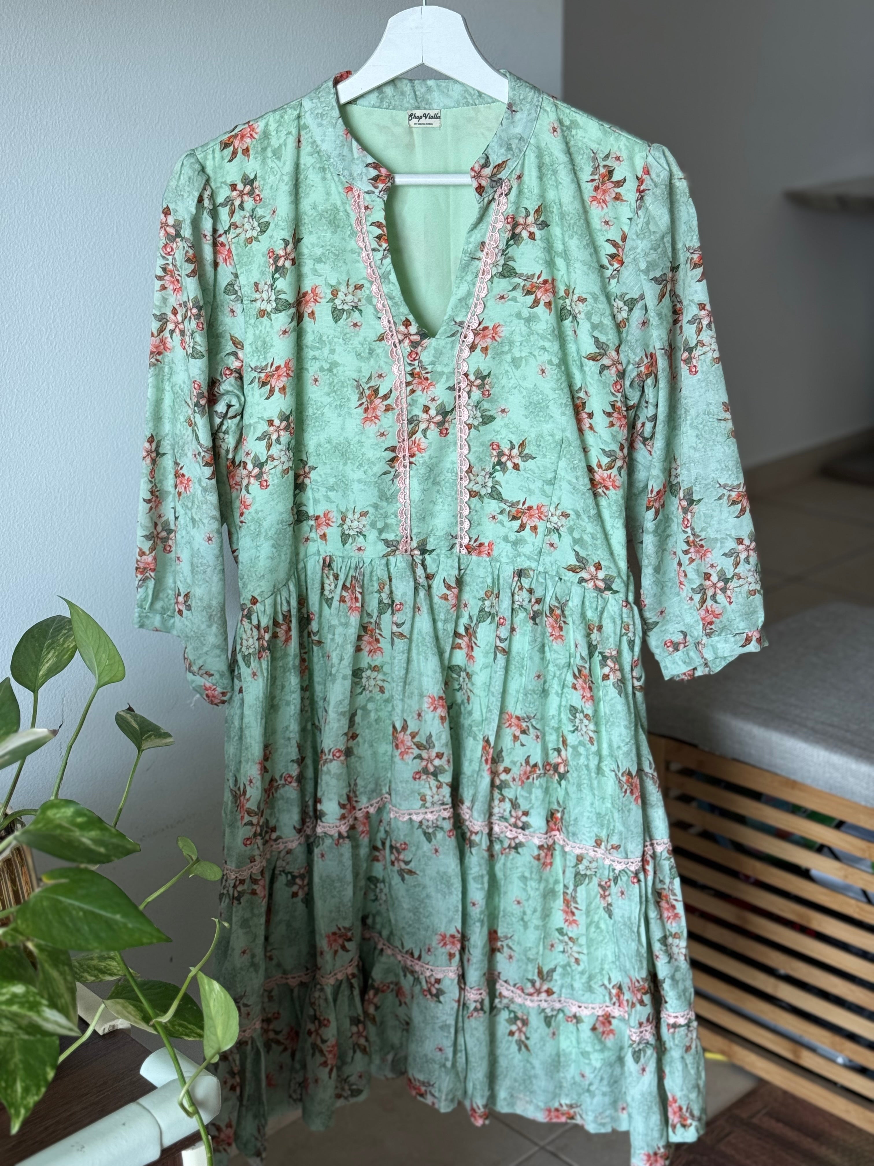 Pista Green Floral Linen Summer Dress