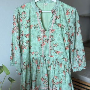 Pista Green Floral Linen Summer Dress