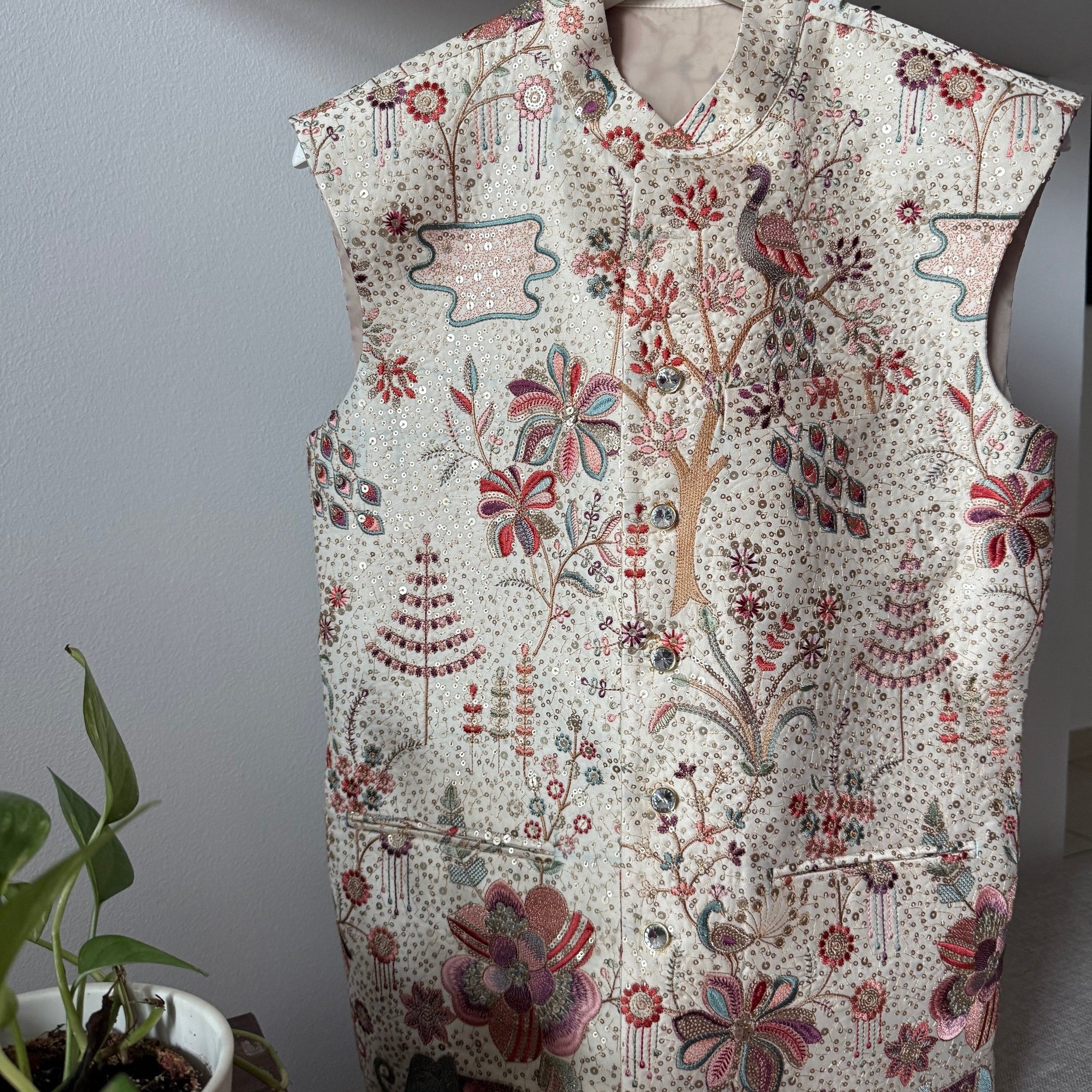 Carnival Cream Printed Nehru Jacket