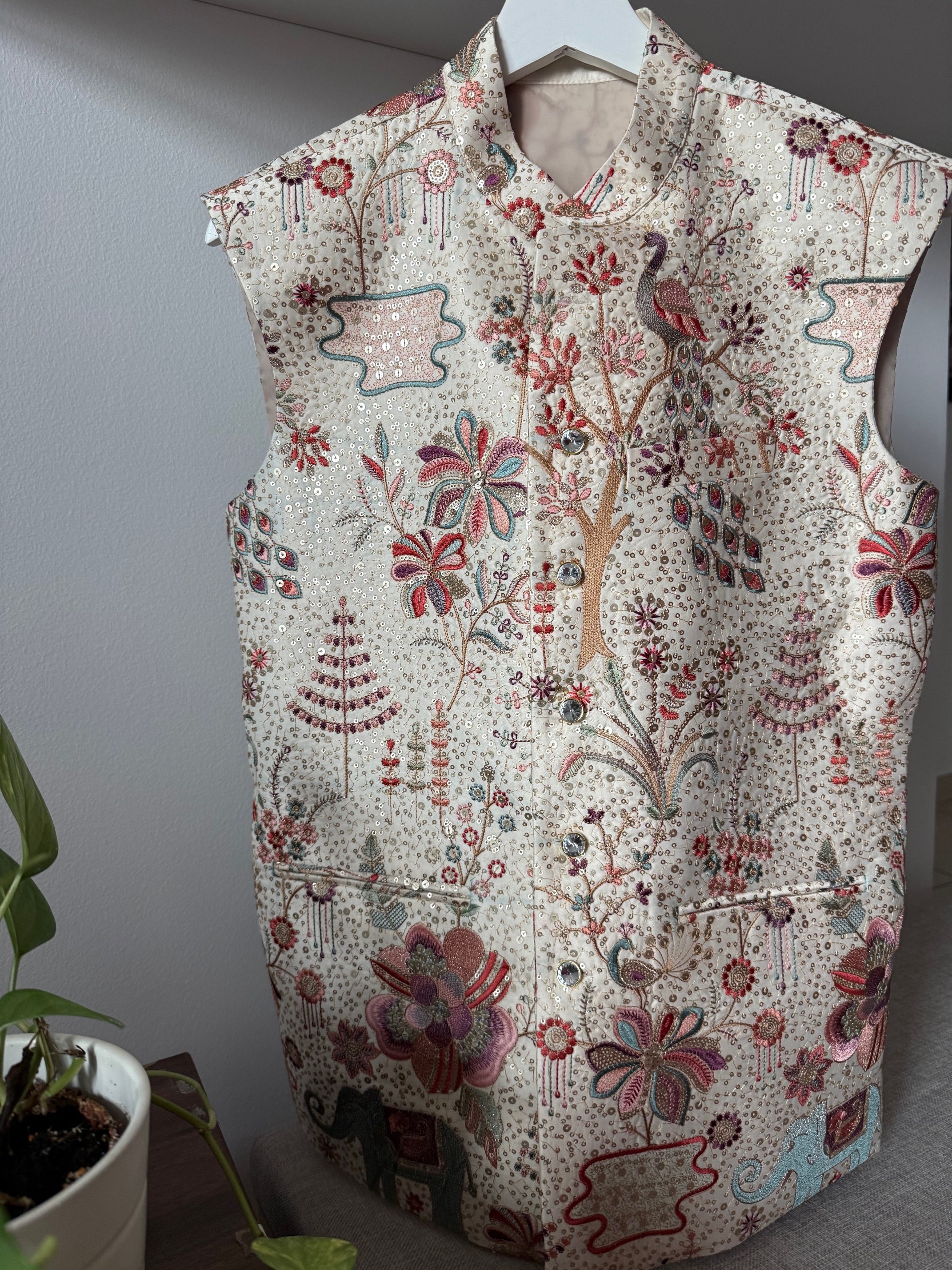 Carnival Cream Printed Nehru Jacket