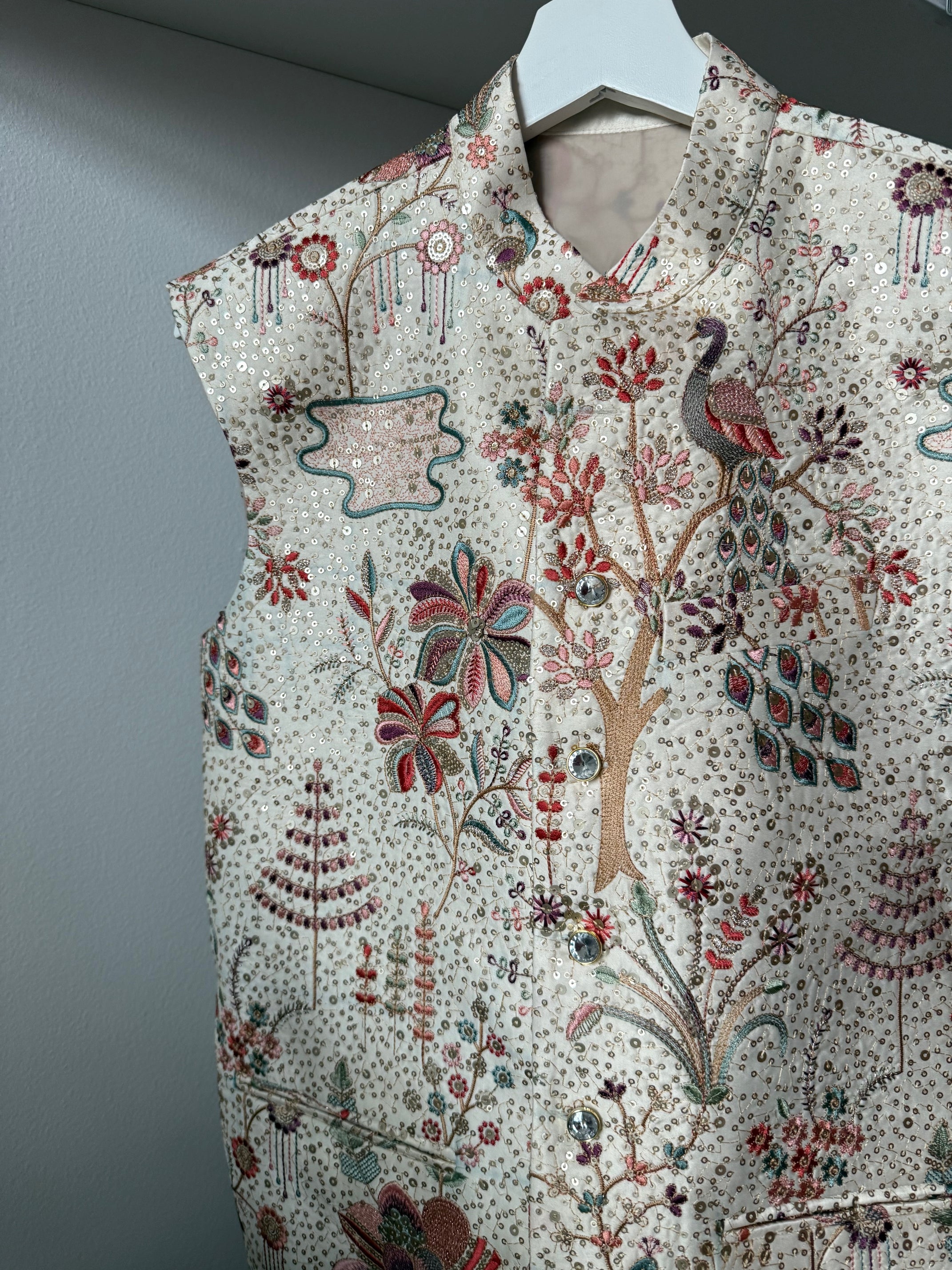 Carnival Cream Printed Nehru Jacket