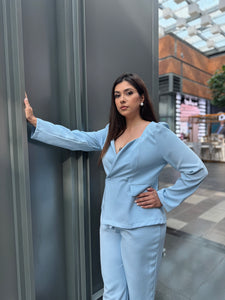 Ice Blue Off Shoulder Blazer Pant Set