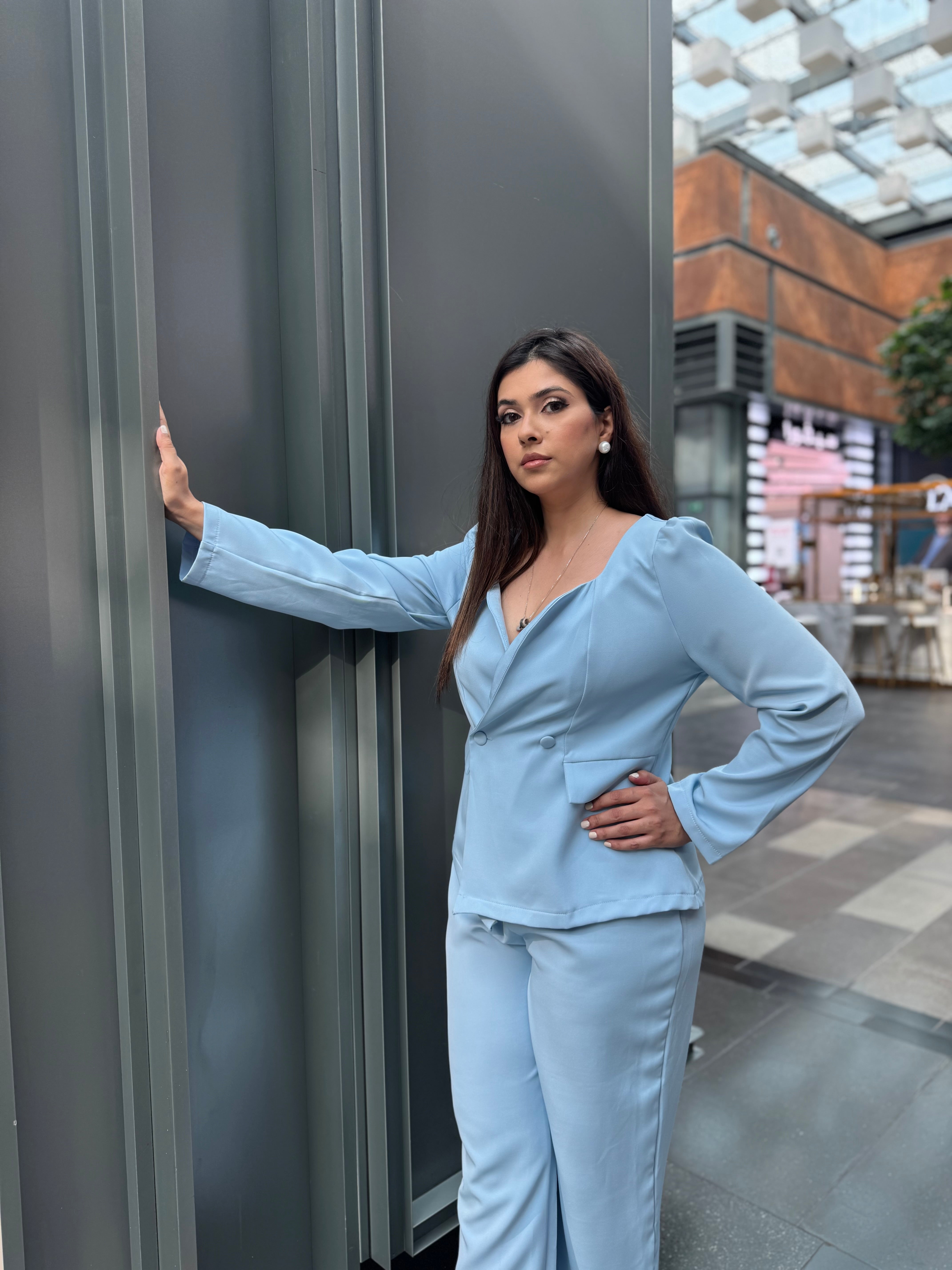 Ice Blue Off Shoulder Blazer Pant Set