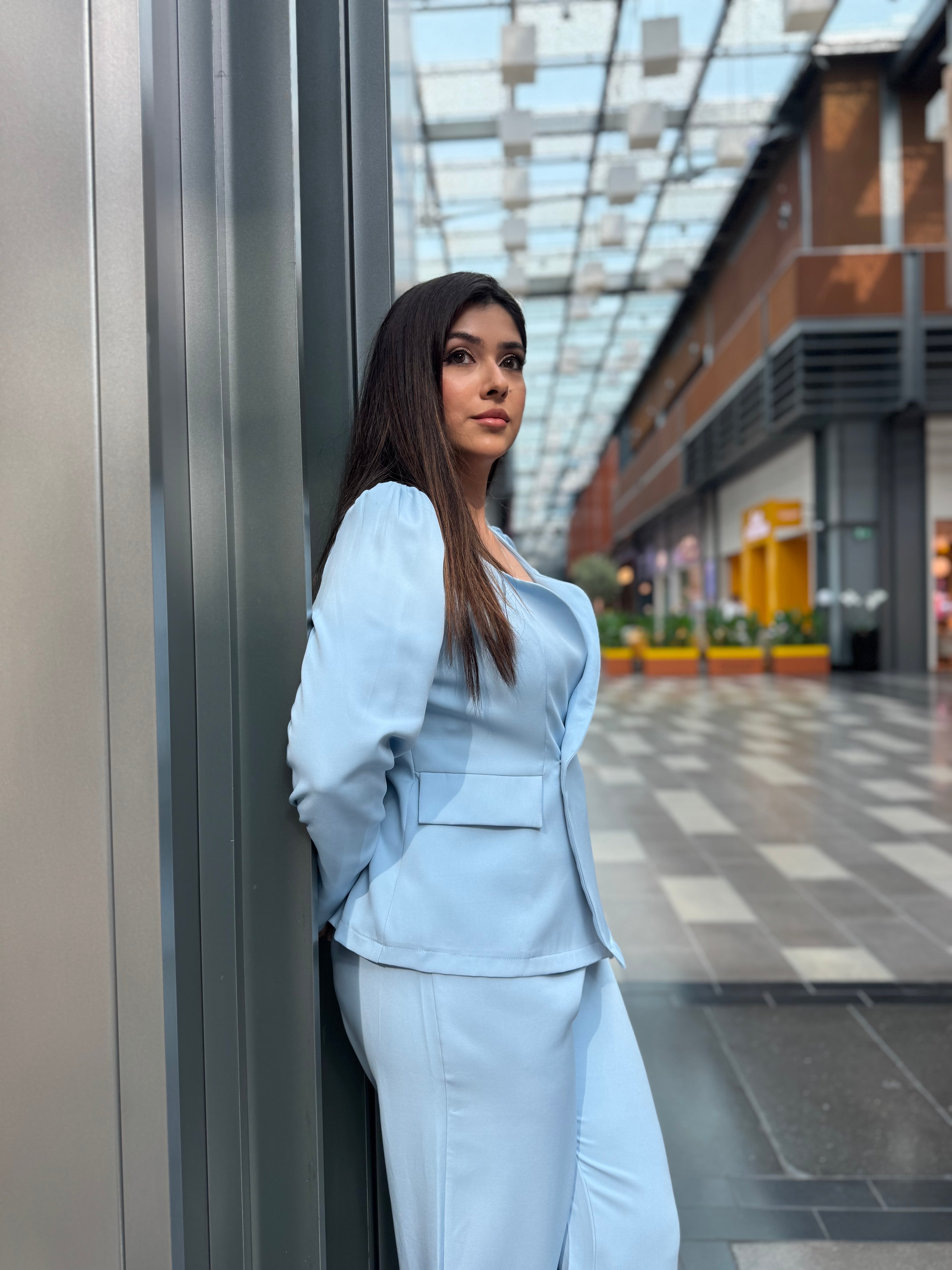 Ice Blue Off Shoulder Blazer Pant Set