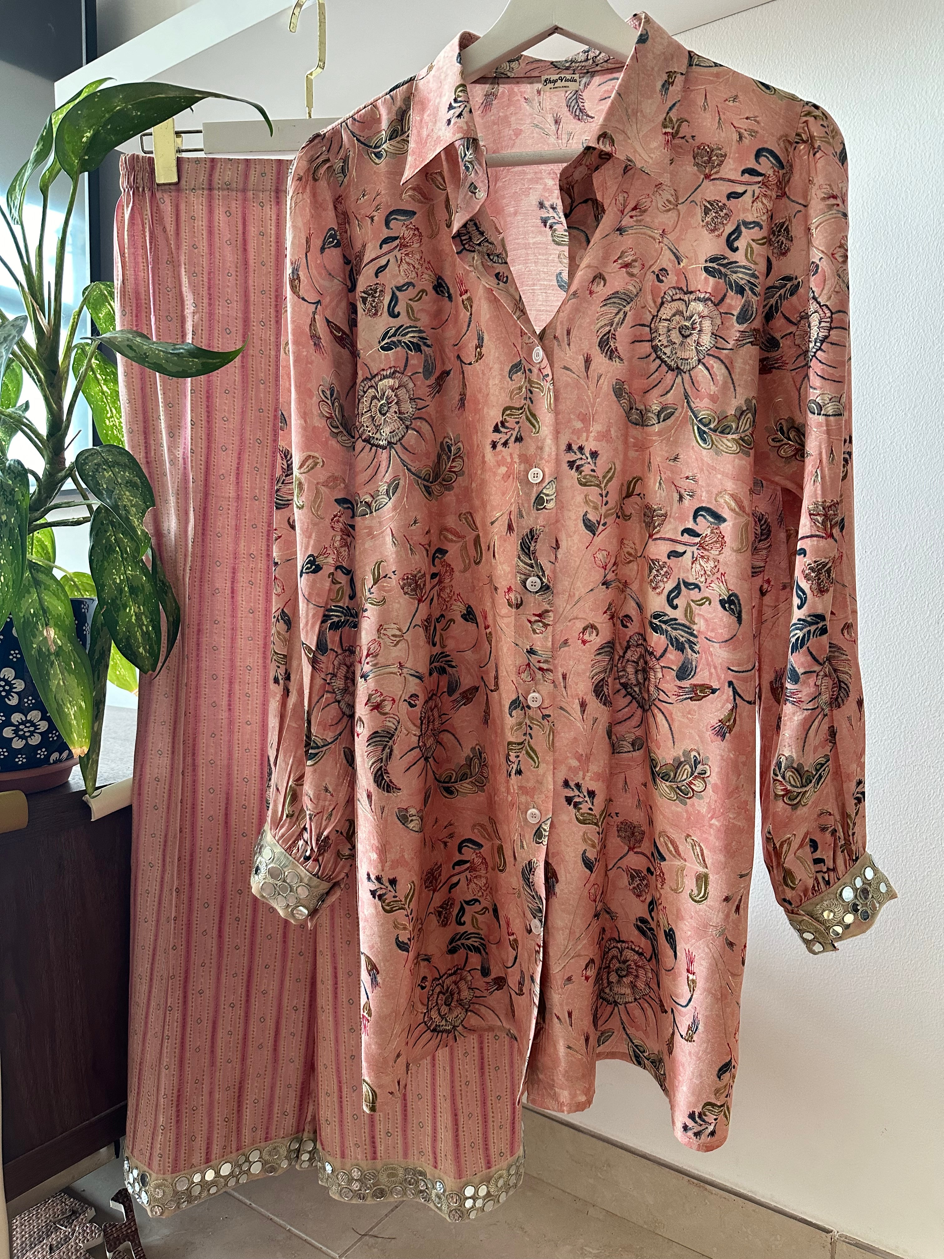 Printed Shirt Kurta and Striped Palazzo Ethnic Set