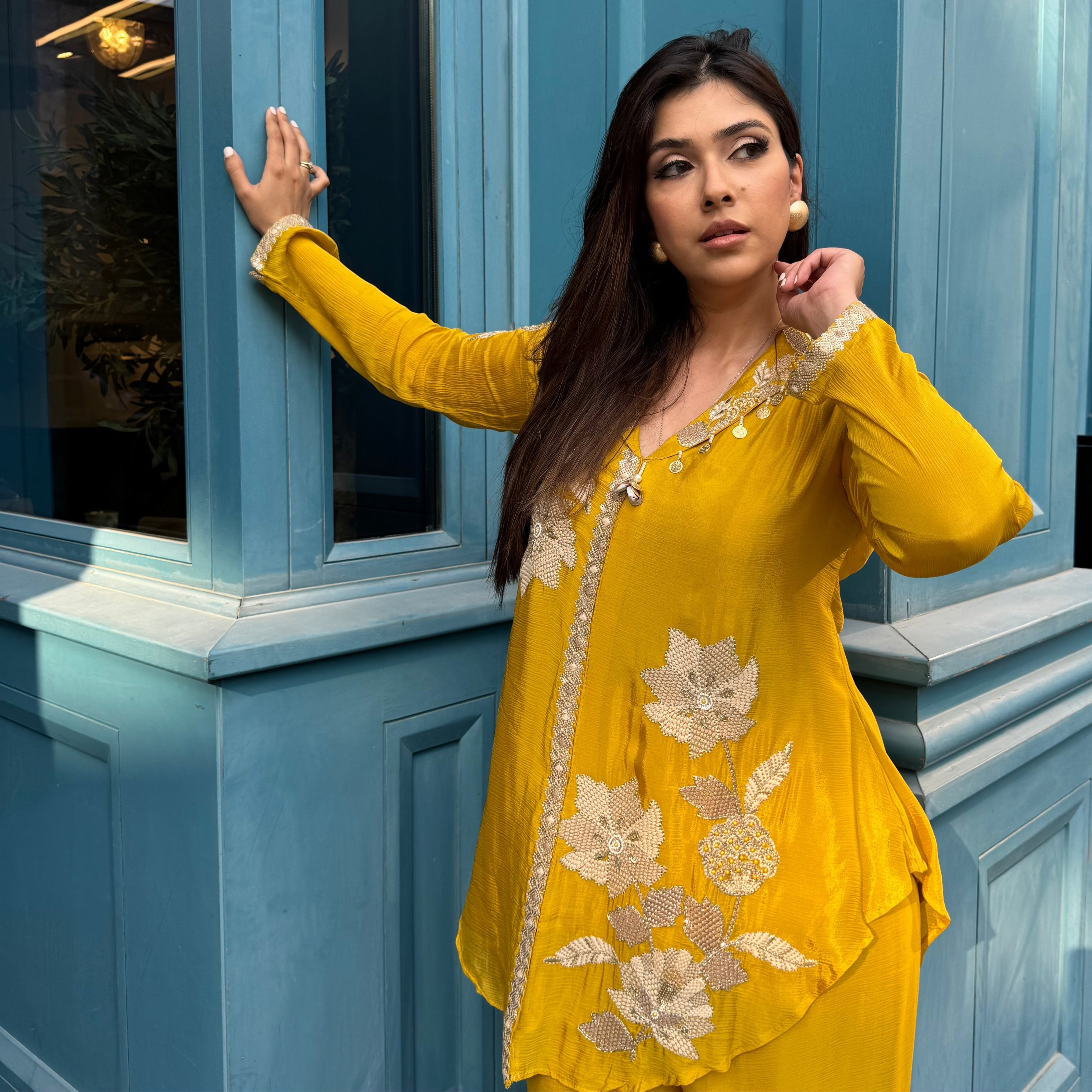 Mustard Embroidered Kurta Palazzo Pant Set