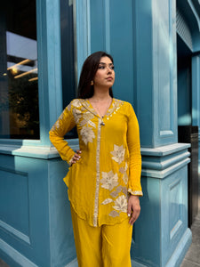 Mustard Embroidered Kurta Palazzo Pant Set