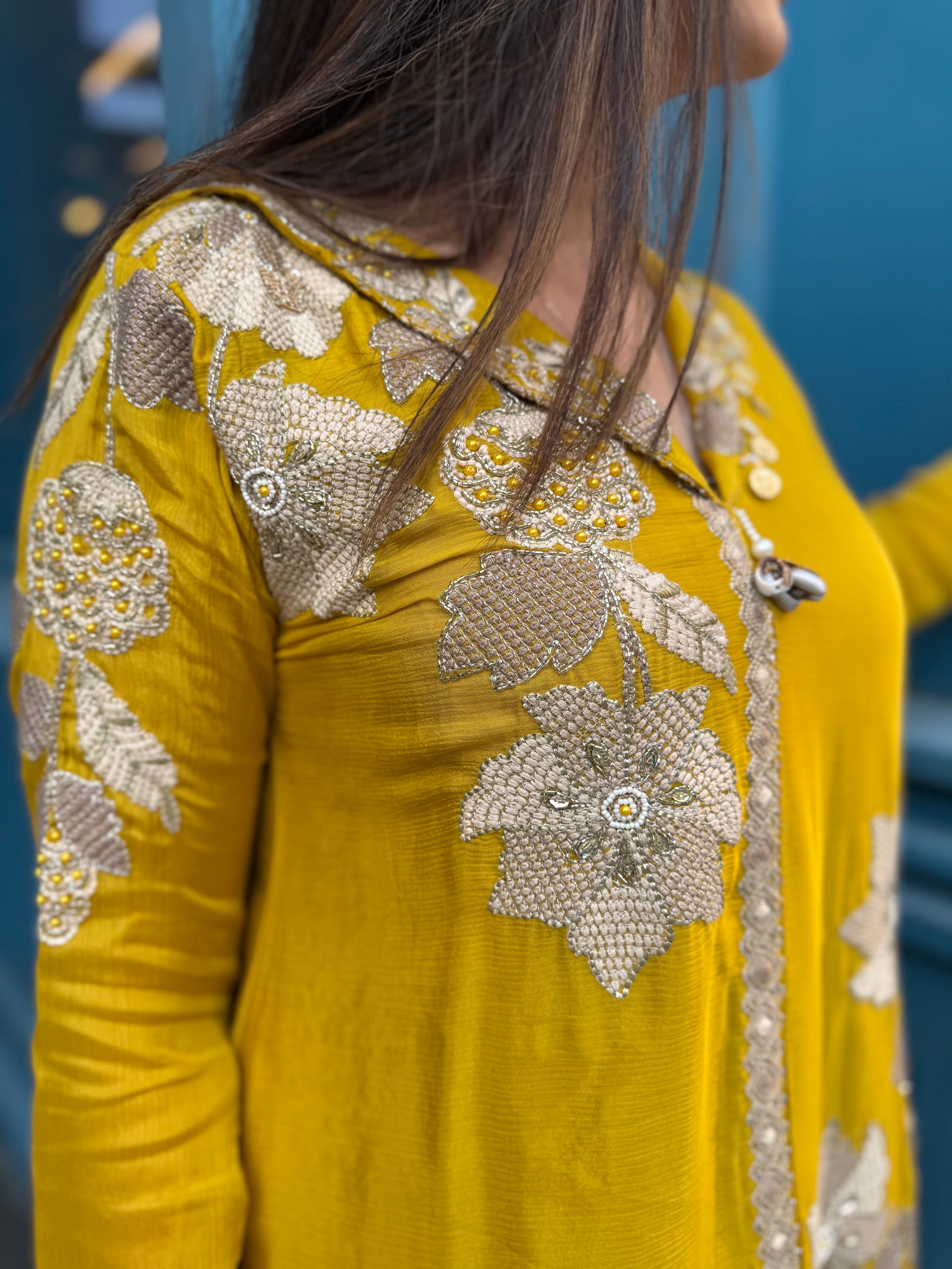Mustard Embroidered Kurta Palazzo Pant Set