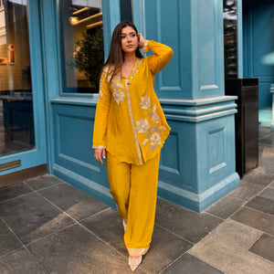 Mustard Embroidered Kurta Palazzo Pant Set