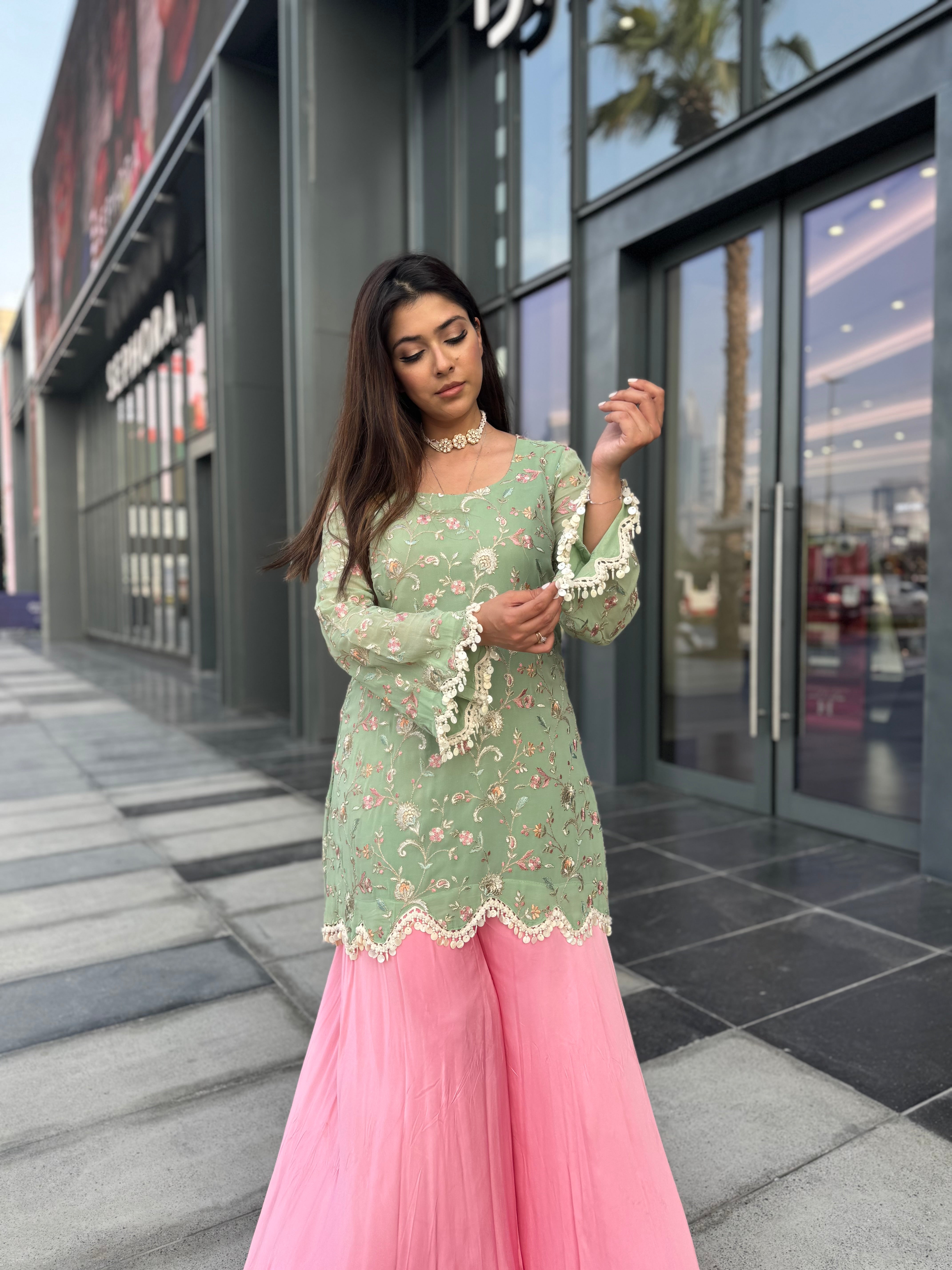 Sage Green Shell Detail Work Kurta Palazzo Ethnic Set