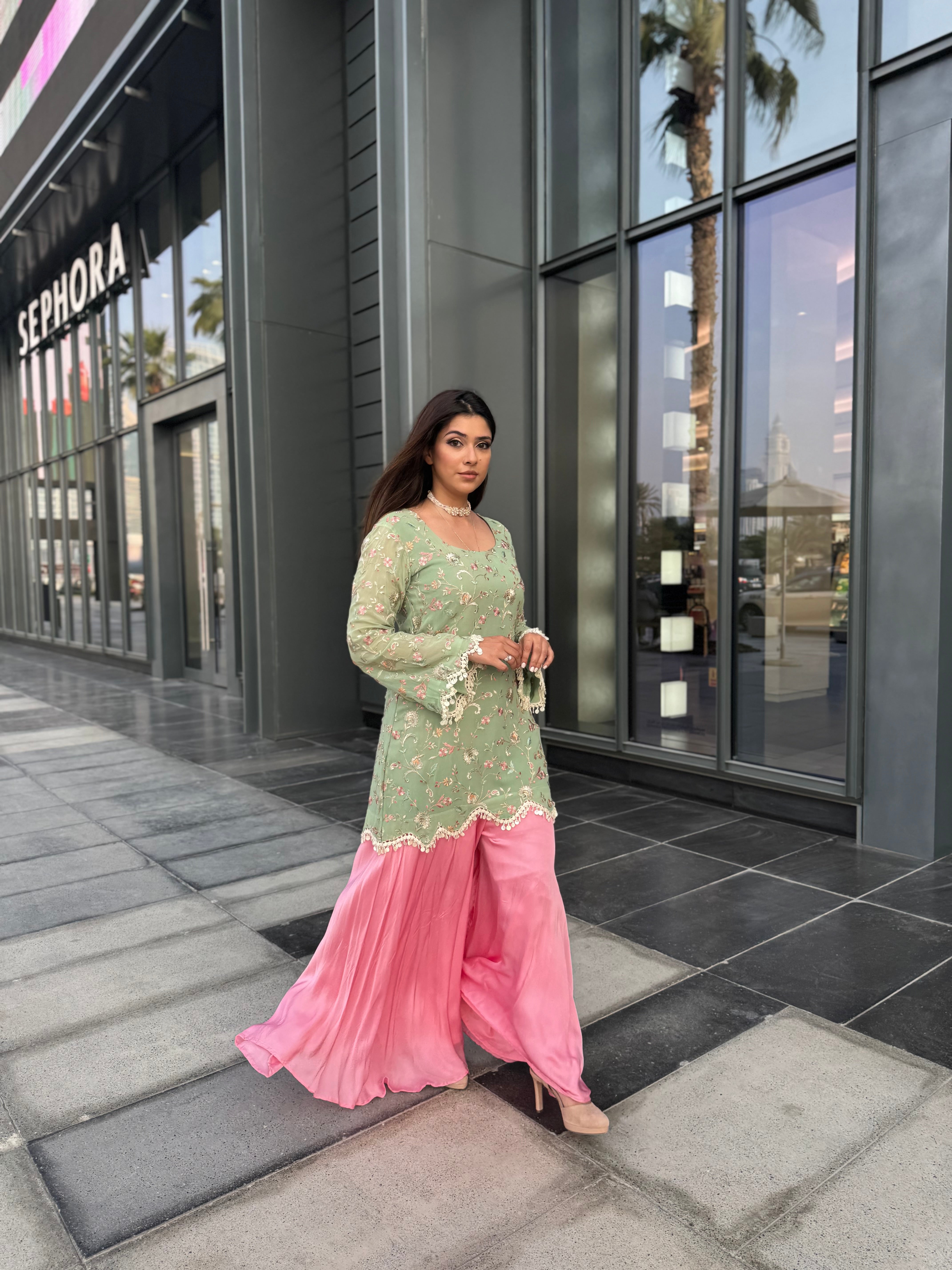 Sage Green Shell Detail Work Kurta Palazzo Ethnic Set