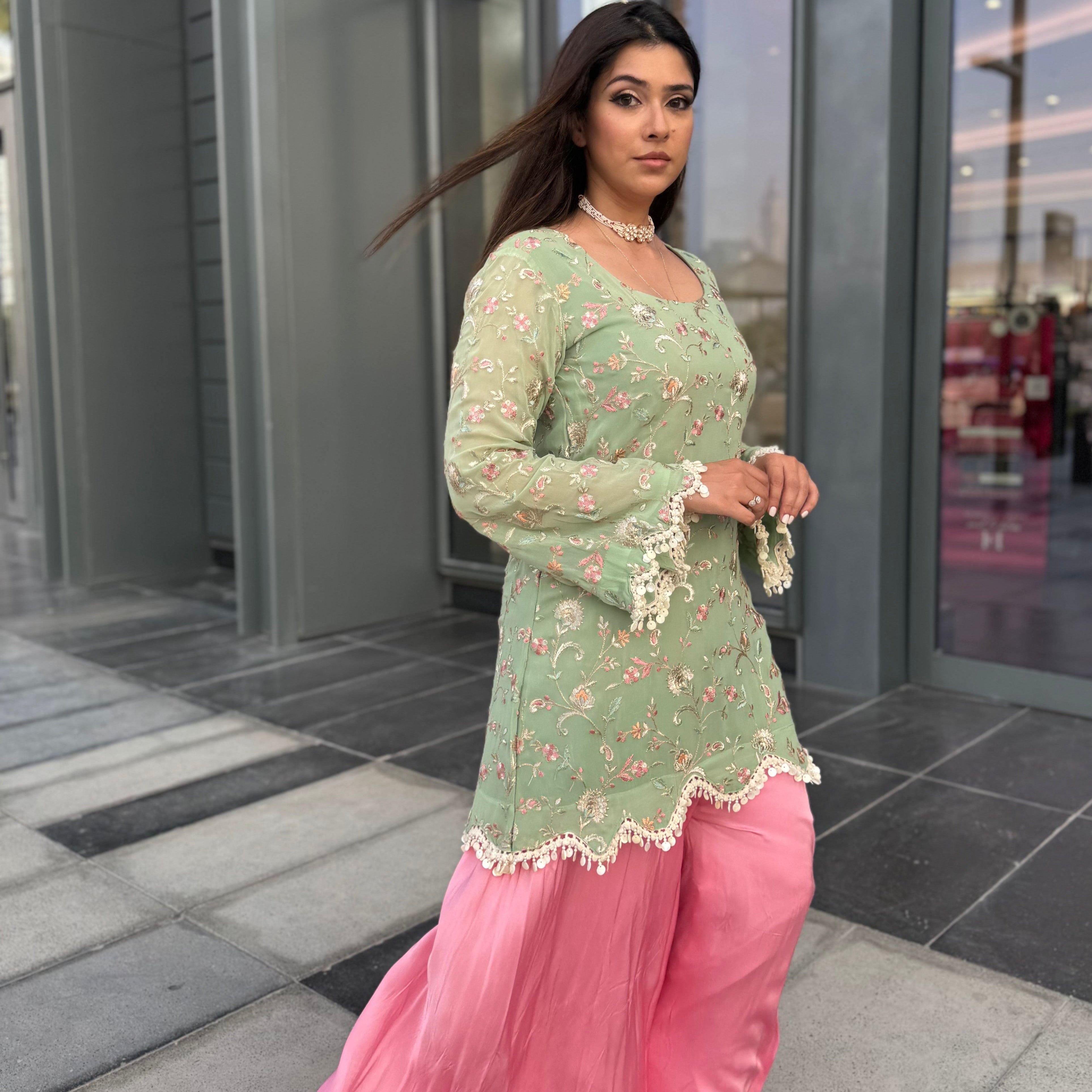 Sage Green Shell Detail Work Kurta Palazzo Ethnic Set