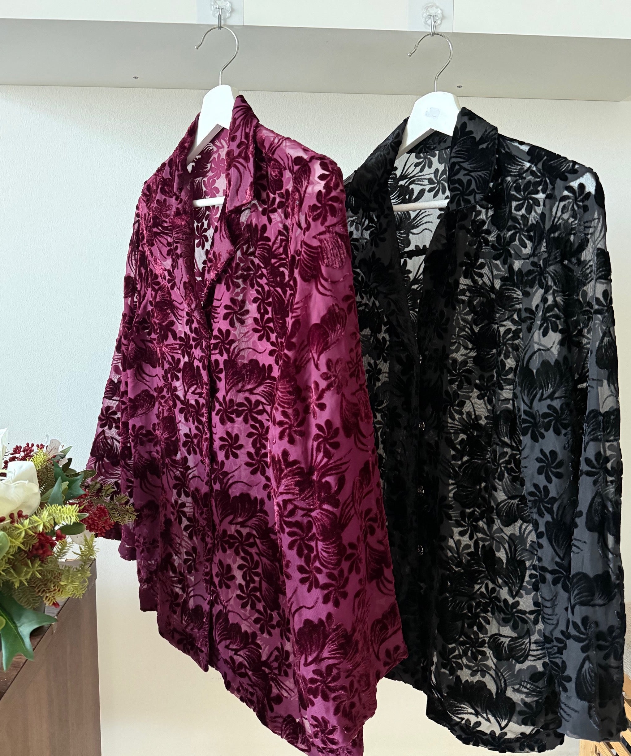 Burgundy Floral Velvet Shirt Top