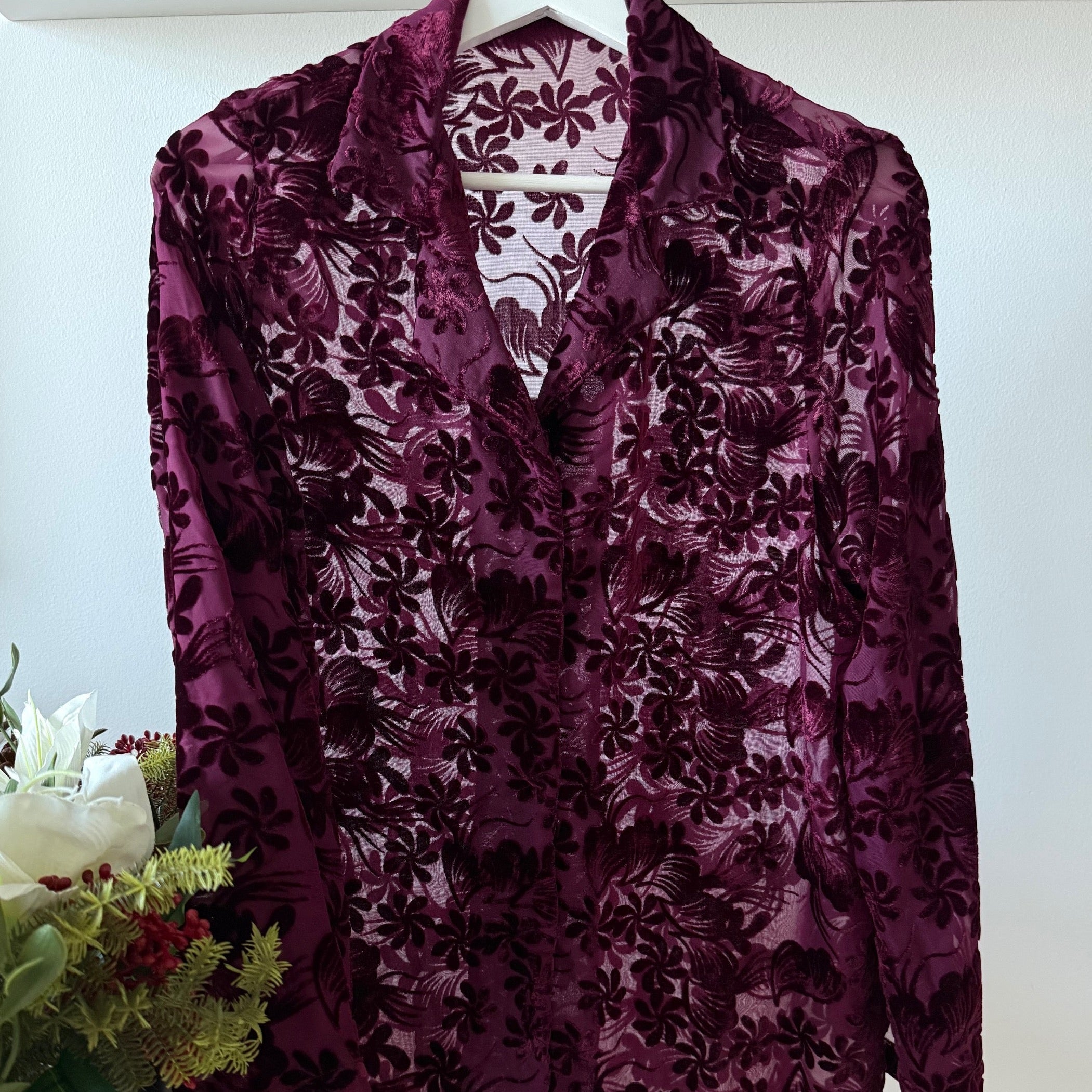 Burgundy Floral Velvet Shirt Top