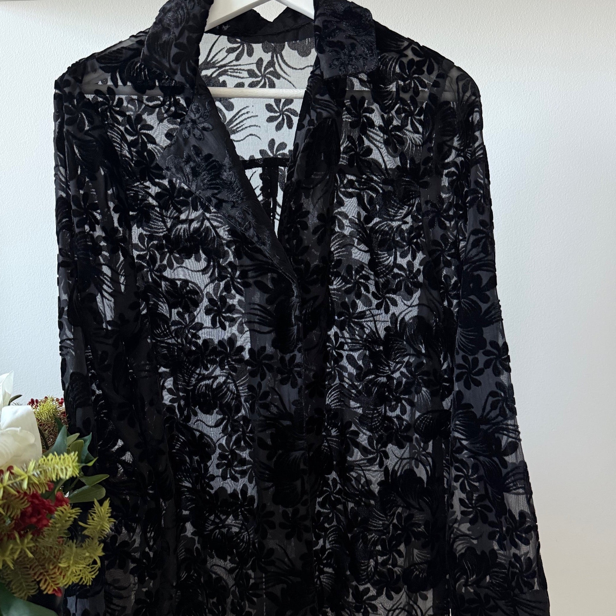 Black Floral Velvet Shirt Top