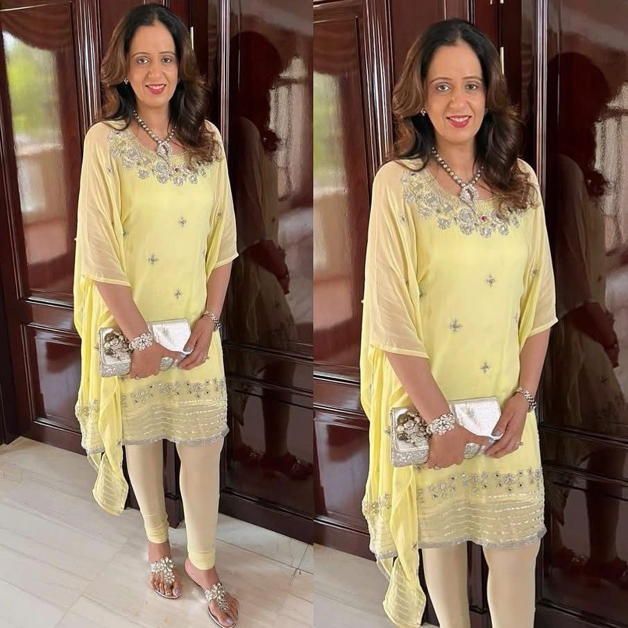 Client Love- Ginni Stuns in a Mirror Work Lemon Kurta and Churidar Set