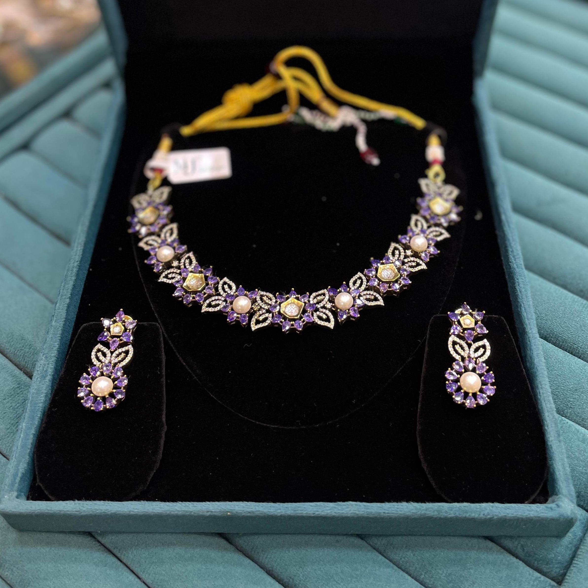 Purple Crystal Pearl Choker Necklace Set