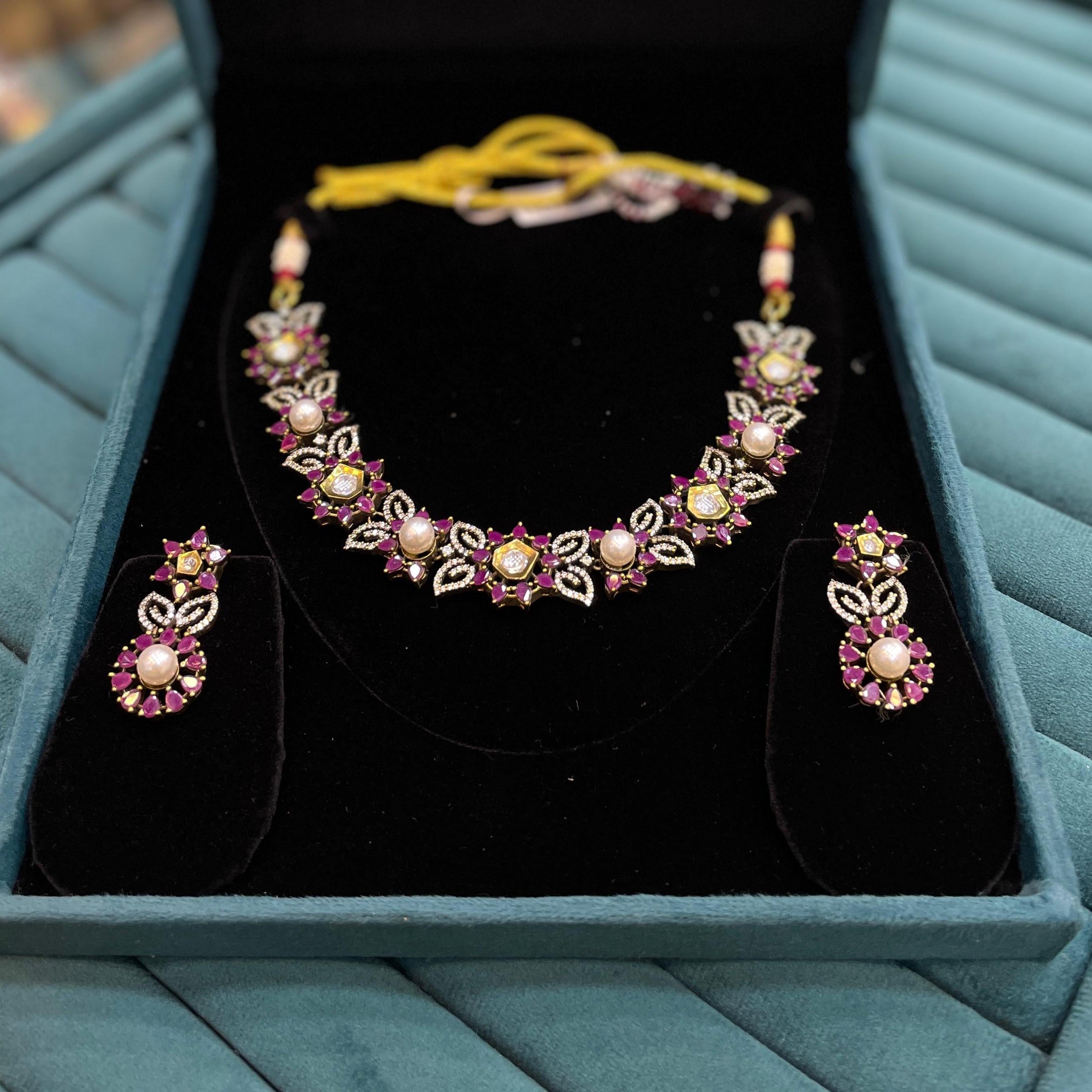 Floral Ruby And Pearl Choker Necklace Set